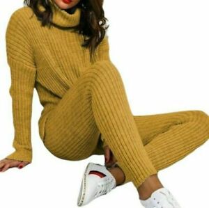 Ladies Knitted Loungewear Set - Chunky Ribbed Polo High Neck Top and Leggings Suit