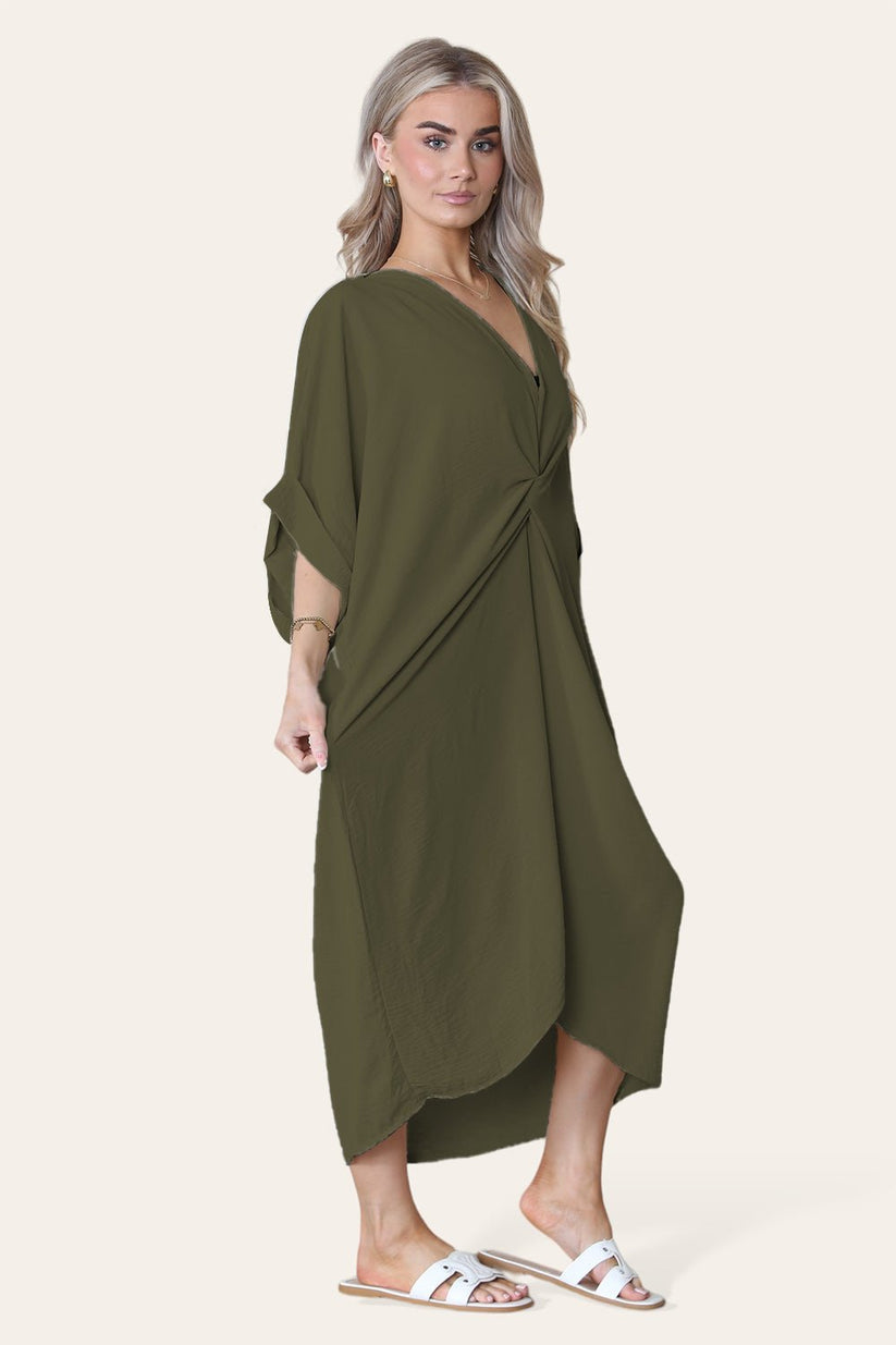 Womens Oversized Midi Dress with V-Neck Tie Knotted Twisted Front Longline Design