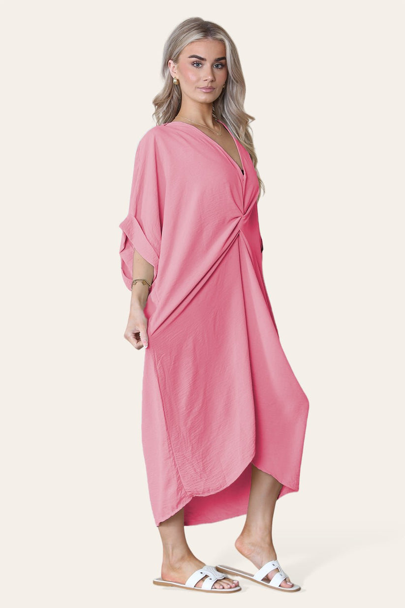 Womens Oversized Midi Dress with V-Neck Tie Knotted Twisted Front Longline Design