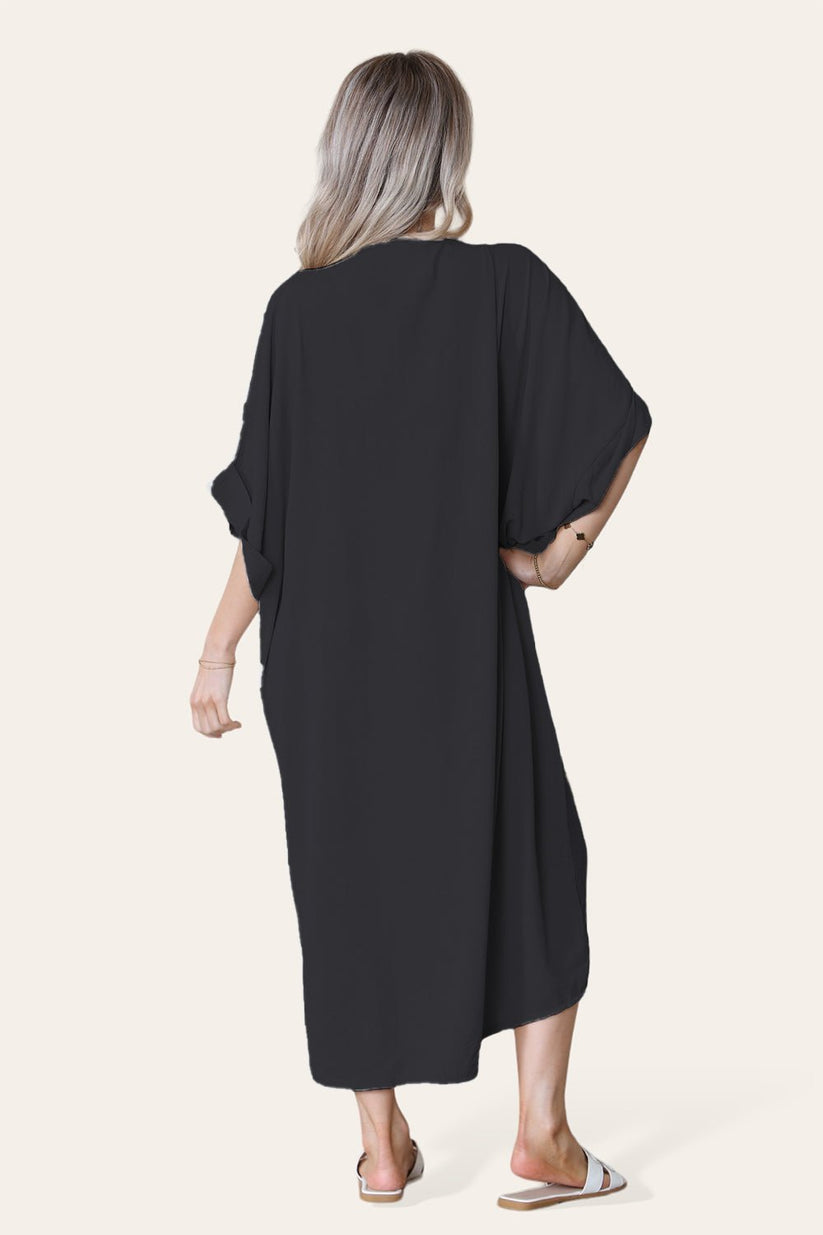 Womens Oversized Midi Dress with V-Neck Tie Knotted Twisted Front Longline Design
