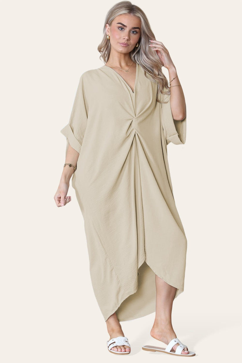 Womens Oversized Midi Dress with V-Neck Tie Knotted Twisted Front Longline Design