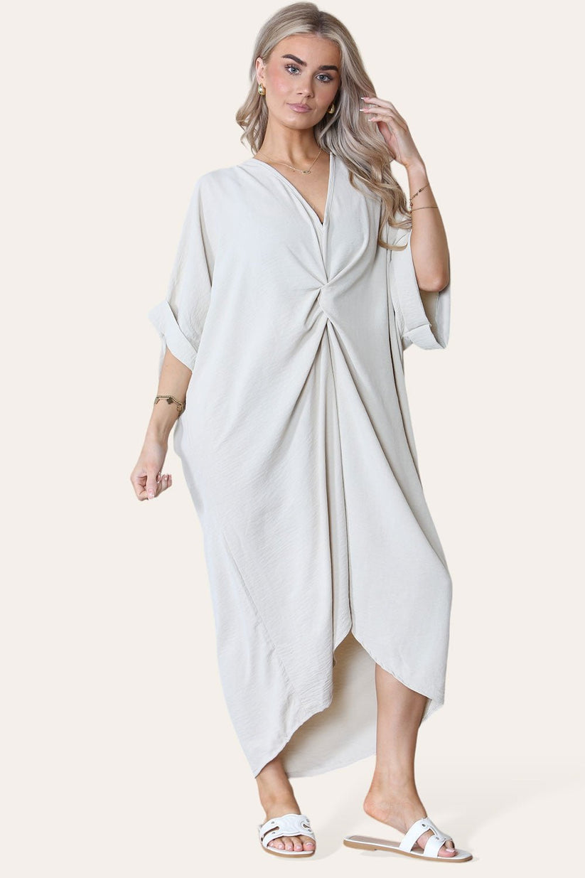 Womens Oversized Midi Dress with V-Neck Tie Knotted Twisted Front Longline Design