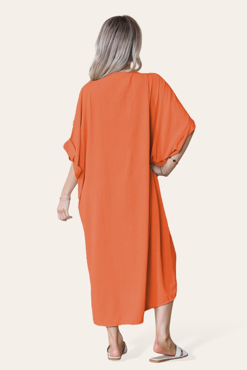 Womens Oversized Midi Dress with V-Neck Tie Knotted Twisted Front Longline Design