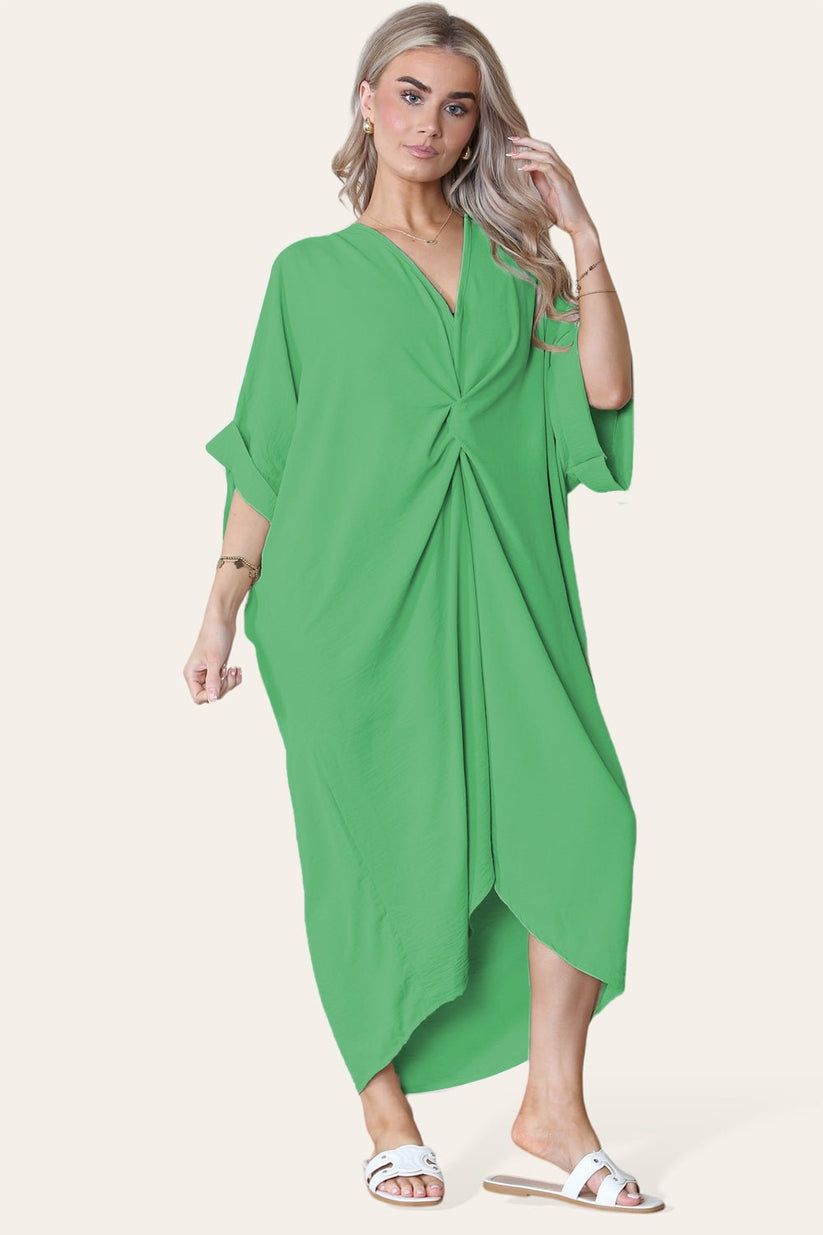 Womens Oversized Midi Dress with V-Neck Tie Knotted Twisted Front Longline Design
