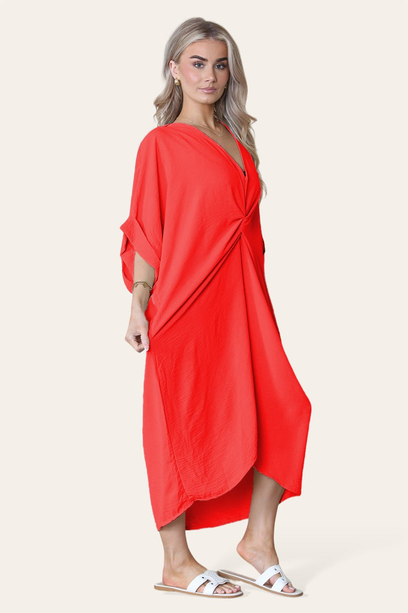 Womens Oversized Midi Dress with V-Neck Tie Knotted Twisted Front Longline Design