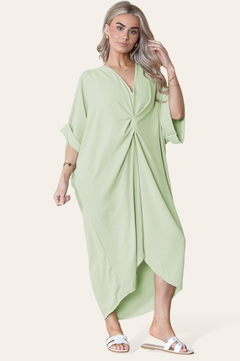 Womens Oversized Midi Dress with V-Neck Tie Knotted Twisted Front Longline Design