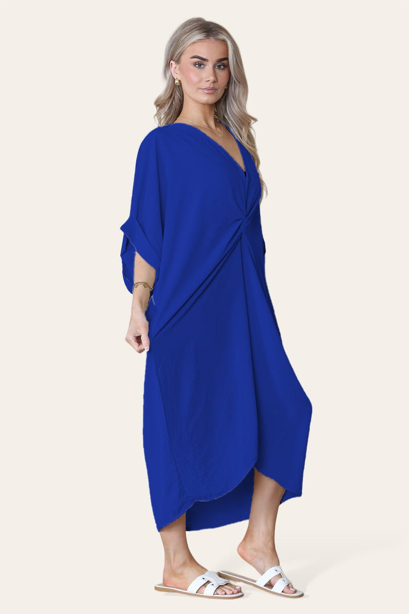 Womens Oversized Midi Dress with V-Neck Tie Knotted Twisted Front Longline Design