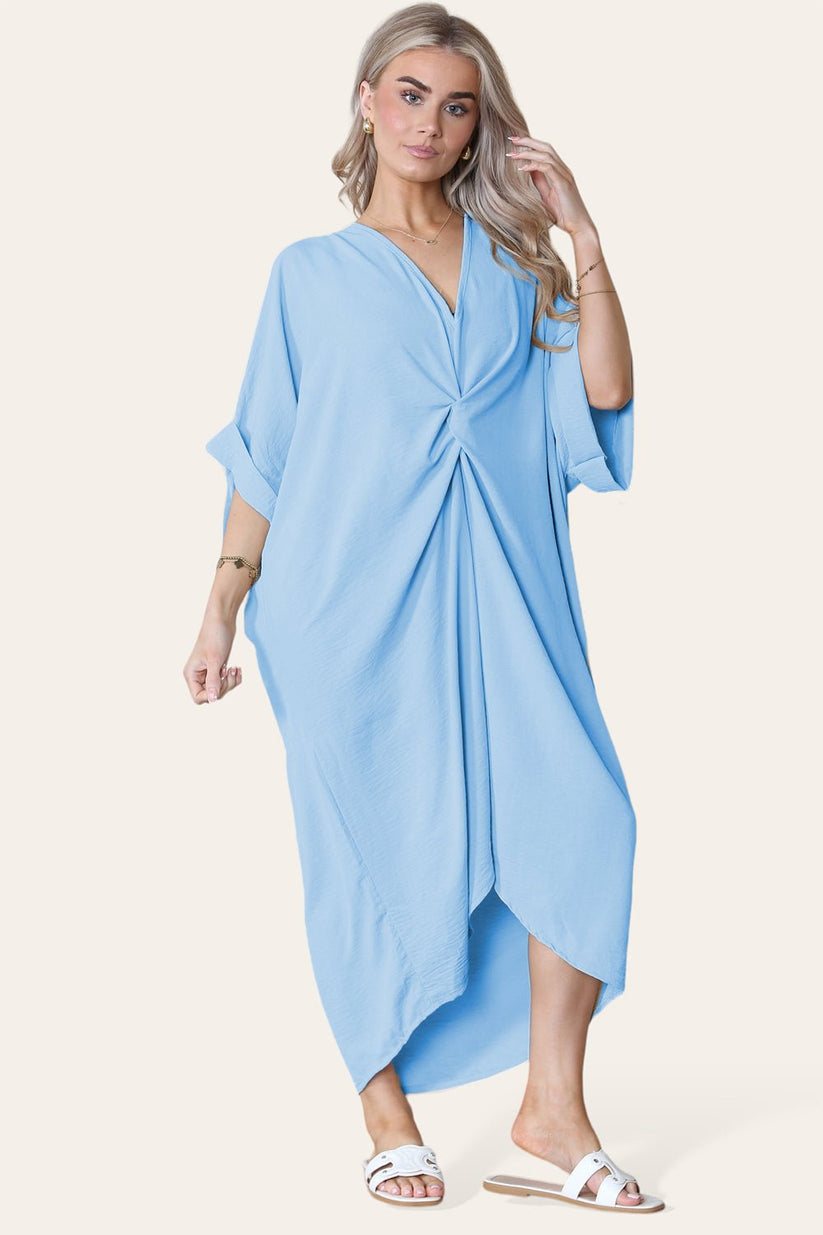 Womens Oversized Midi Dress with V-Neck Tie Knotted Twisted Front Longline Design