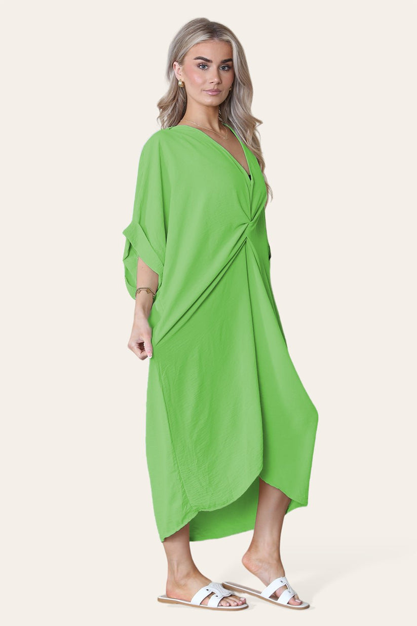 Womens Oversized Midi Dress with V-Neck Tie Knotted Twisted Front Longline Design
