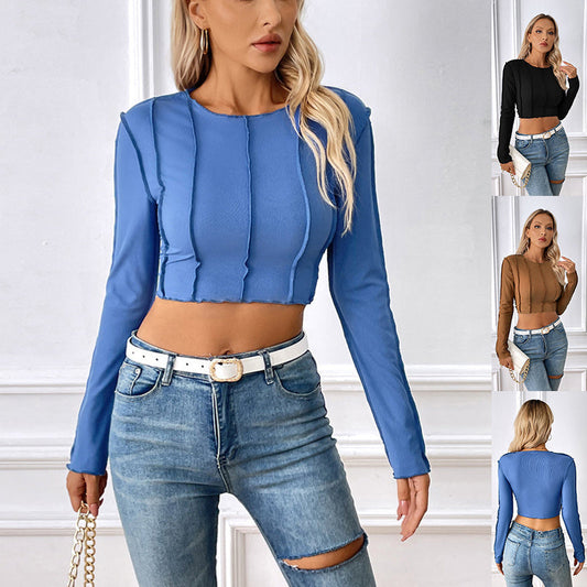 Women's Cropped T-Shirt  Slim Long Sleeve With Exposed Stitching Design