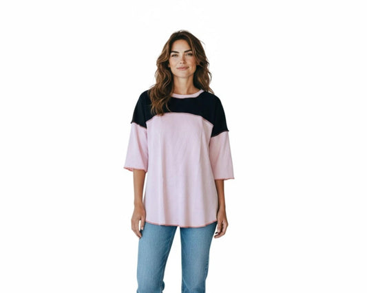 Women's Contrast Colour Block Top - Three-Quarter Sleeves, Crew Neck, Stitch Detail