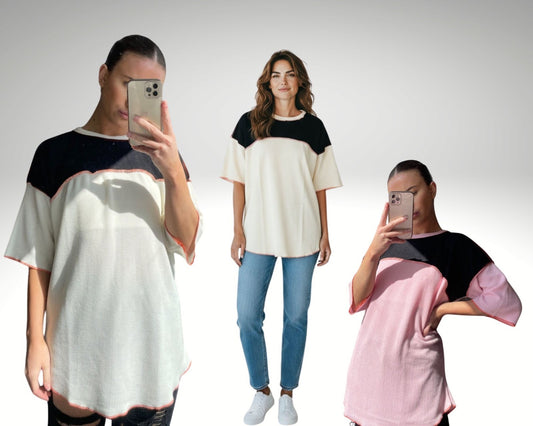 Women's Contrast Colour Block Top - Three-Quarter Sleeves, Crew Neck, Stitch Detail