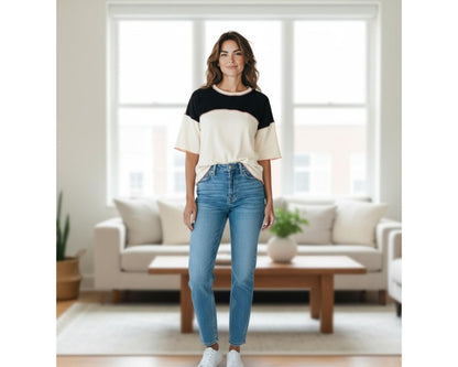 Women's Contrast Colour Block Top - Three-Quarter Sleeves, Crew Neck, Stitch Detail