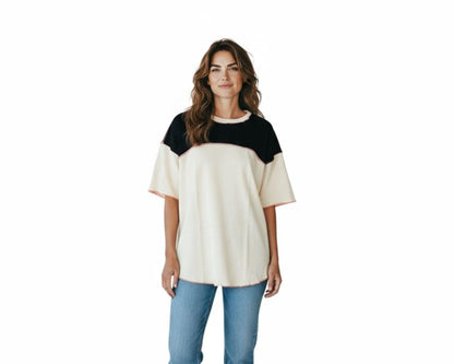 Women's Contrast Colour Block Top - Three-Quarter Sleeves, Crew Neck, Stitch Detail