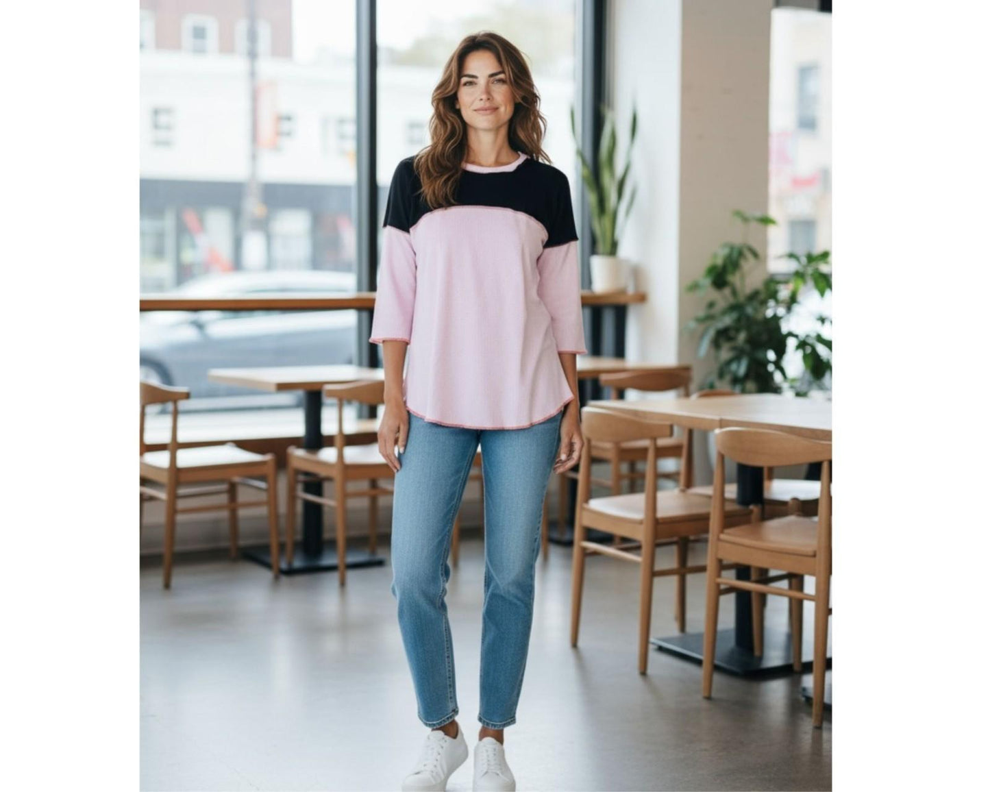 Women's Contrast Colour Block Top - Three-Quarter Sleeves, Crew Neck, Stitch Detail