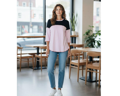Women's Contrast Colour Block Top - Three-Quarter Sleeves, Crew Neck, Stitch Detail