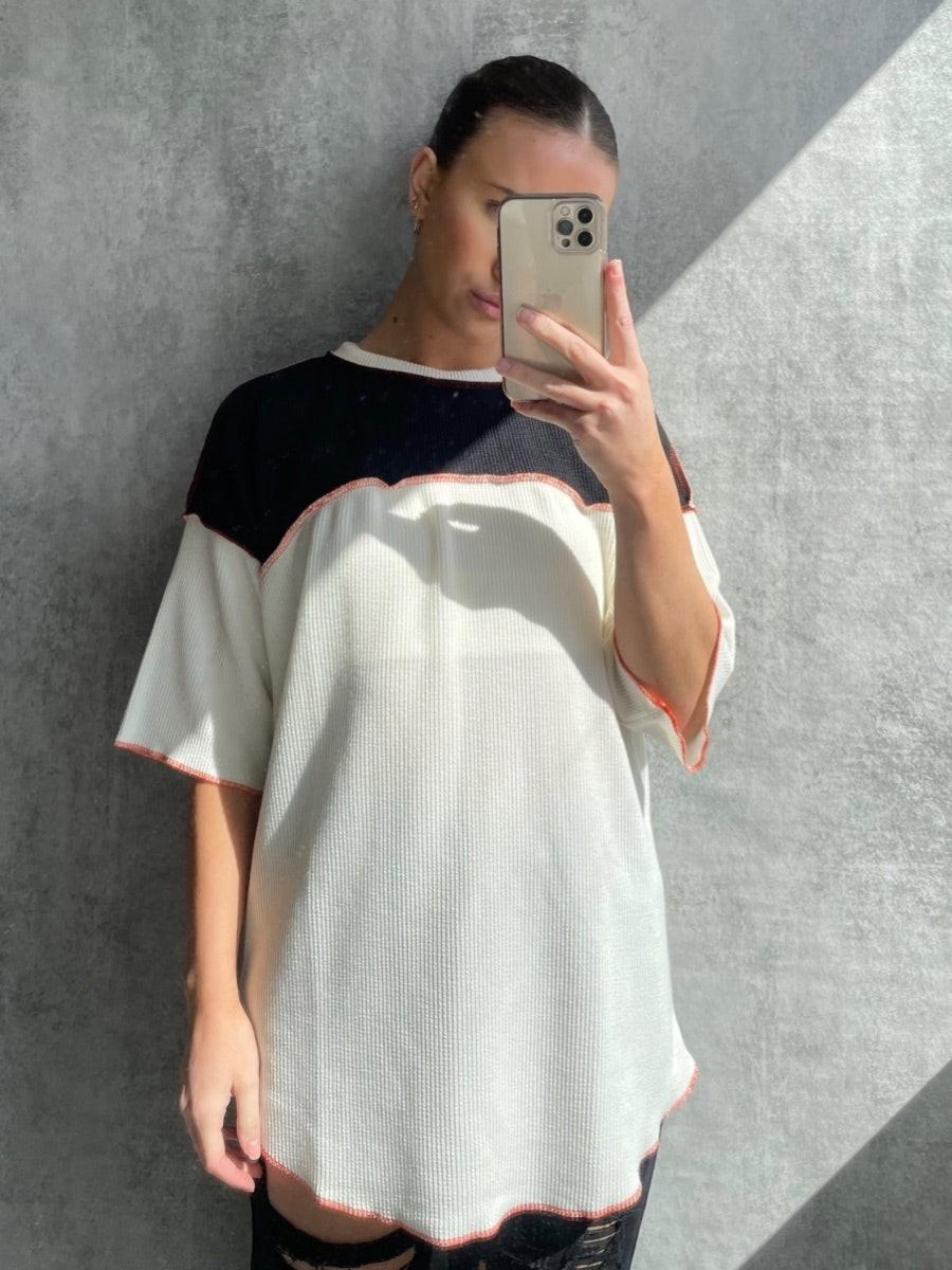 Women's Contrast Colour Block Top - Three-Quarter Sleeves, Crew Neck, Stitch Detail