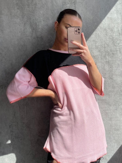 Women's Contrast Colour Block Top - Three-Quarter Sleeves, Crew Neck, Stitch Detail