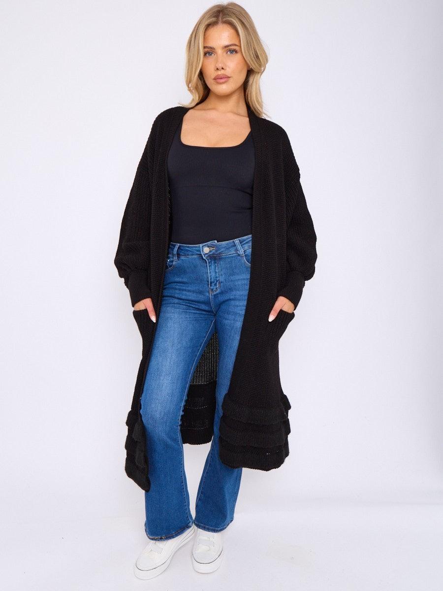Women’s Knit Cardigan with Frill Hem & Puff Sleeves