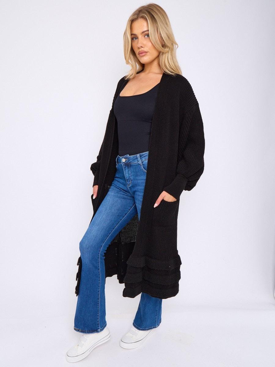 Women’s Knit Cardigan with Frill Hem & Puff Sleeves