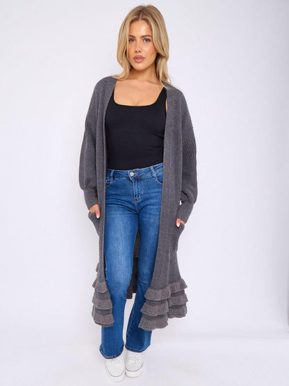 Women’s Knit Cardigan with Frill Hem & Puff Sleeves