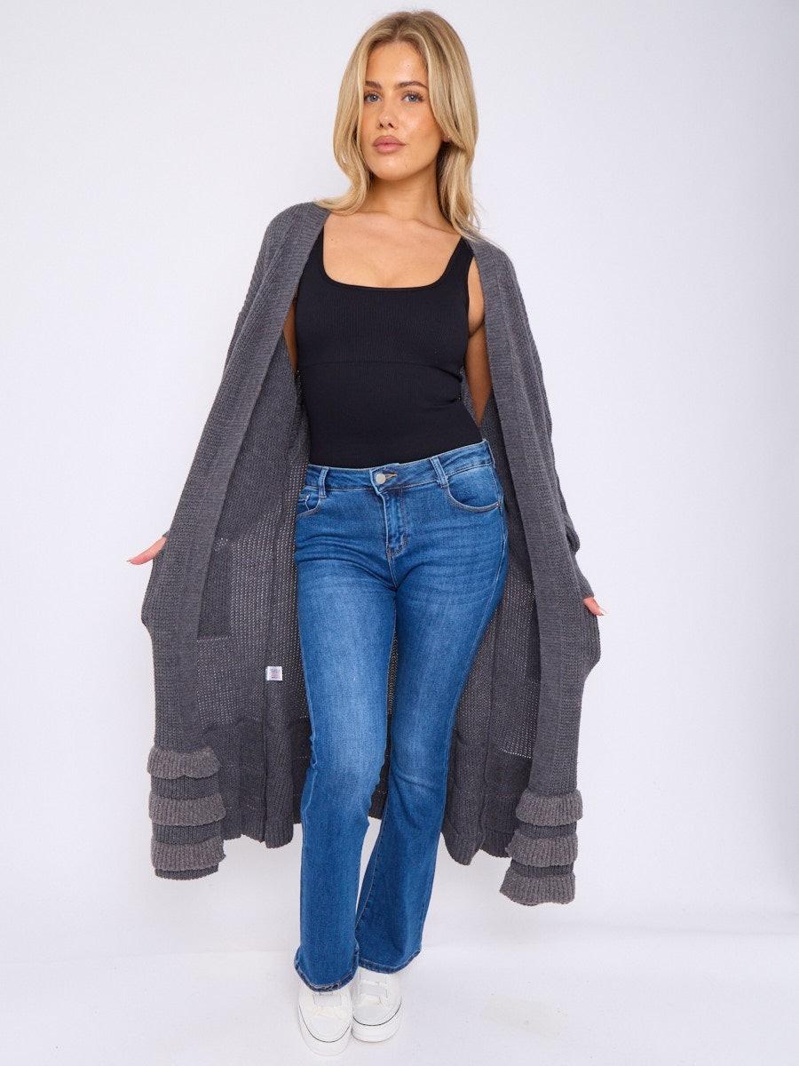 Women’s Knit Cardigan with Frill Hem & Puff Sleeves