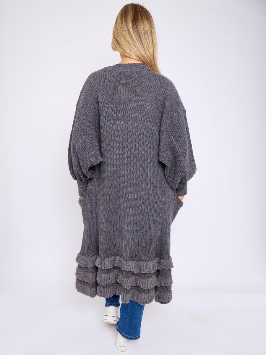 Women’s Knit Cardigan with Frill Hem & Puff Sleeves
