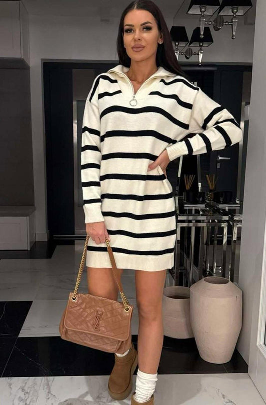 Women's Elena Striped Knit Sweater Dress with Zip-Up Collar