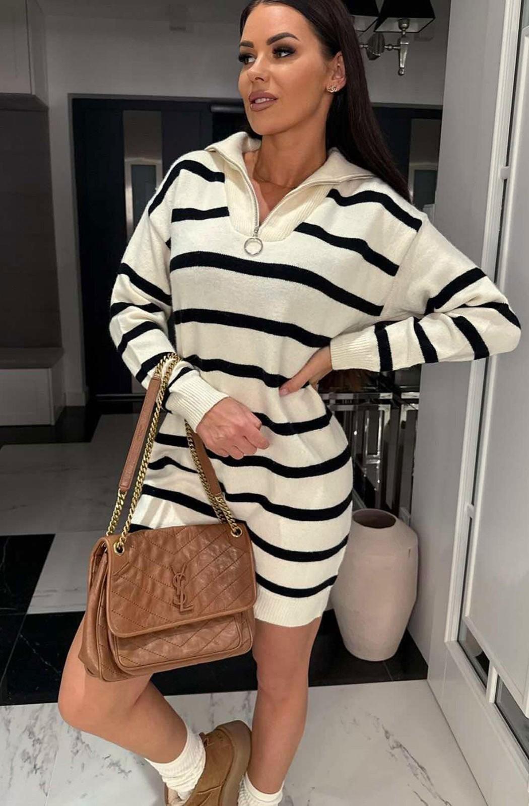 Women's Elena Striped Knit Sweater Dress with Zip-Up Collar