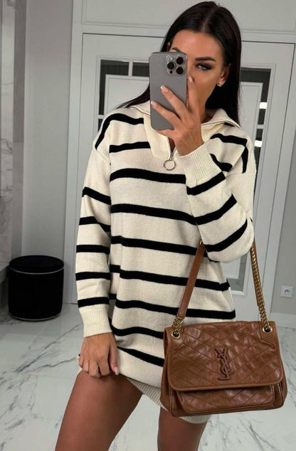Women's Elena Striped Knit Sweater Dress with Zip-Up Collar