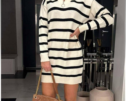 Women's Elena Striped Knit Sweater Dress with Zip-Up Collar