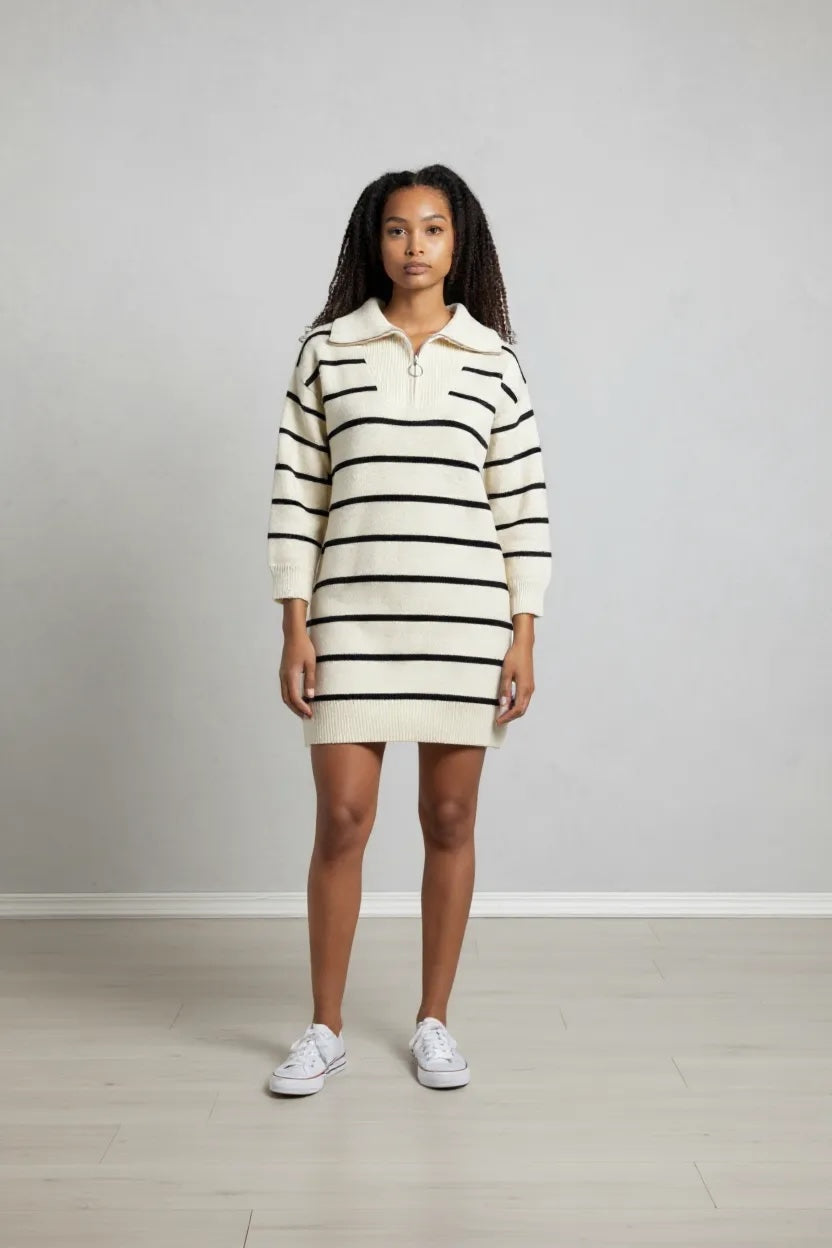 Women's Elena Striped Knit Sweater Dress with Zip-Up Collar