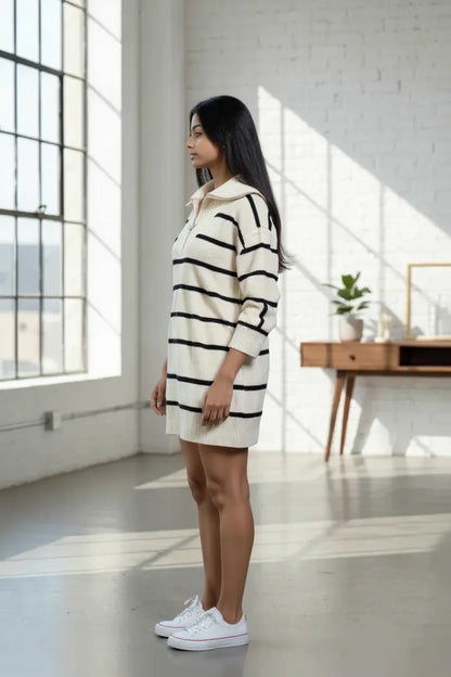 Women's Elena Striped Knit Sweater Dress with Zip-Up Collar
