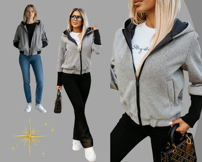 Modern Bomber Jacket with Long Contrasting Sleeves – Hooded Back, Zip Front | Made in Italy