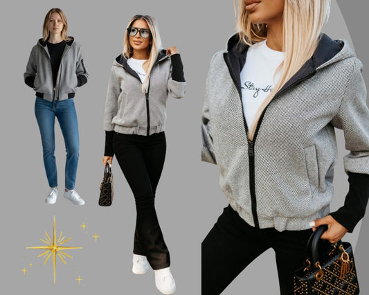 Modern Bomber Jacket with Long Contrasting Sleeves – Hooded Back, Zip Front | Made in Italy