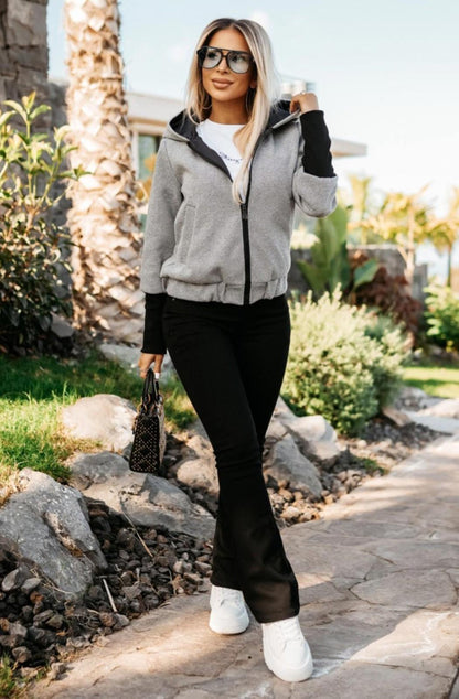 Modern Bomber Jacket with Long Contrasting Sleeves – Hooded Back, Zip Front | Made in Italy
