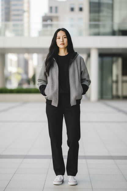 Modern Bomber Jacket with Long Contrasting Sleeves – Hooded Back, Zip Front | Made in Italy
