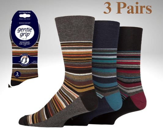 3 Pairs Men's Striped Gentle-Grip Socks | Cotton Blend, Breathable & Comfort Fit