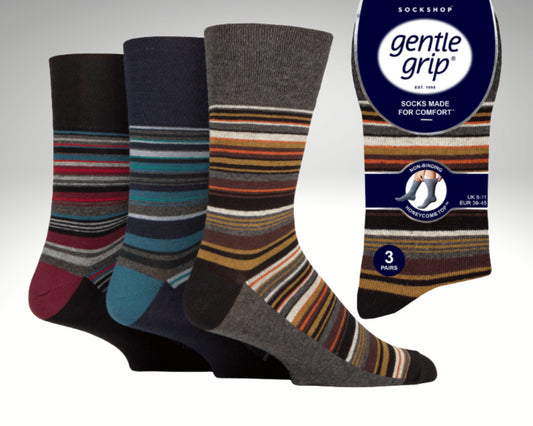 3 Pairs Men's Striped Gentle-Grip Socks | Cotton Blend, Breathable & Comfort Fit