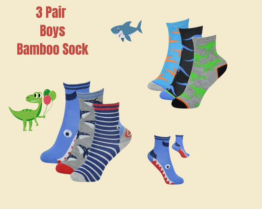 3 Pack Boys Bamboo Socks - Dino & Shark Design