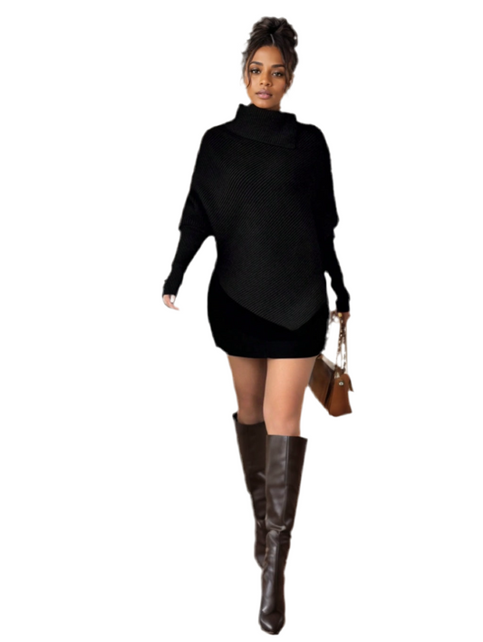 Womens Turtleneck Sweater-Black Asymmetrical Turtleneck Sweater – Elegant Knit Pullover