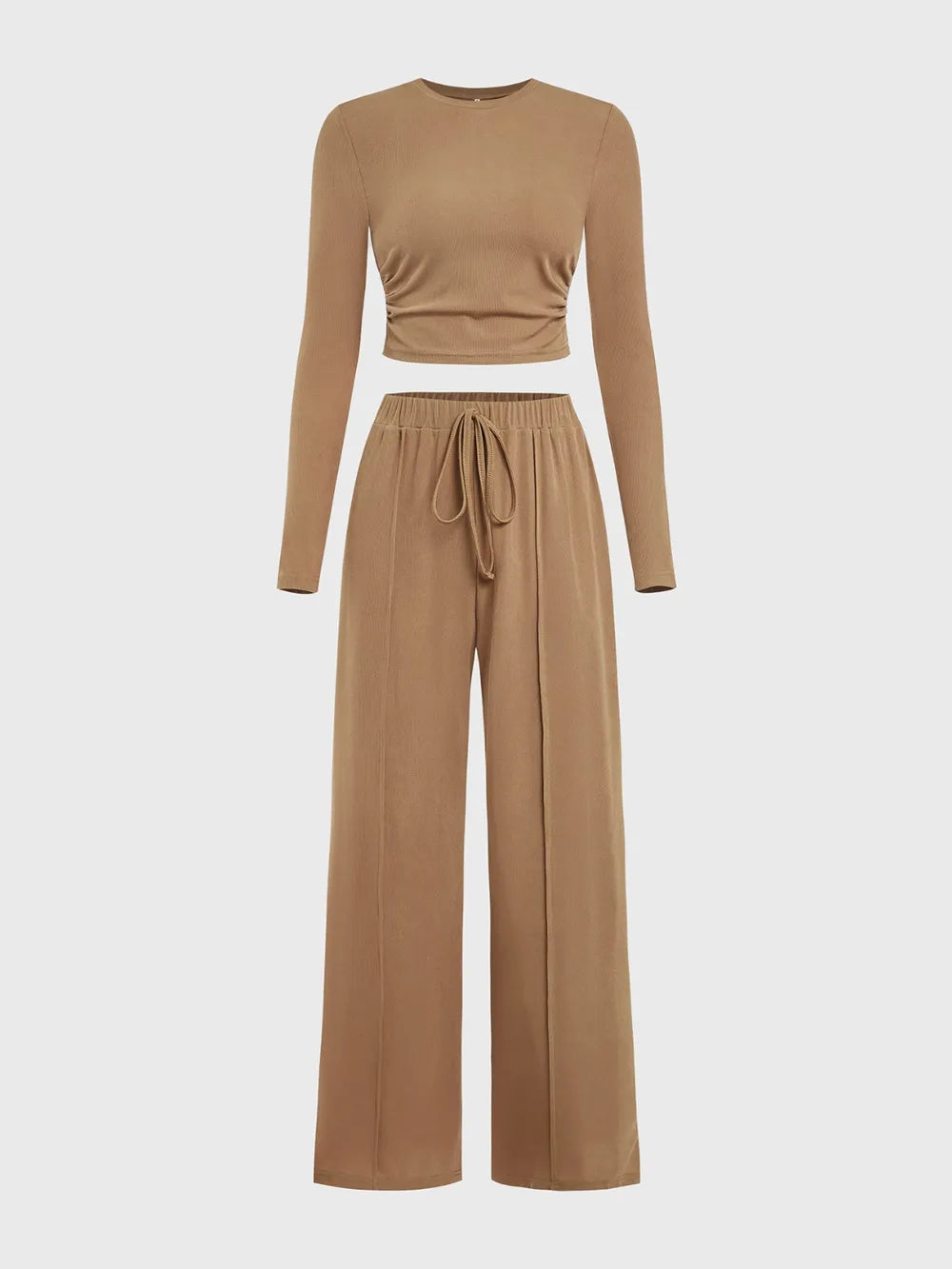 Women's Set Round Neck Long Sleeve Top and Tied Pants Set