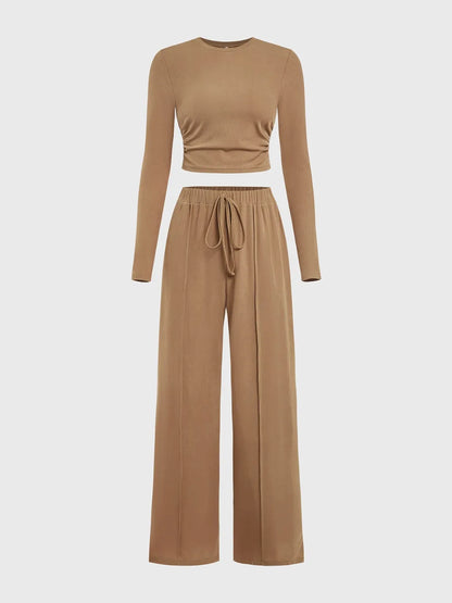 Women's Set Round Neck Long Sleeve Top and Tied Pants Set