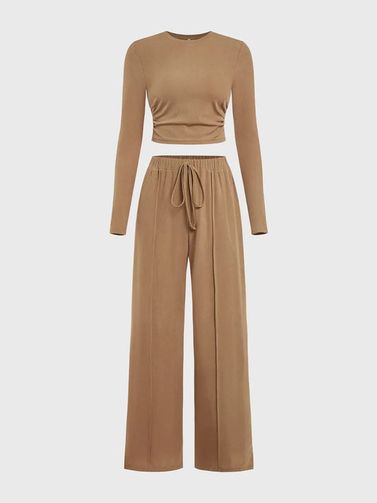Women's Set Round Neck Long Sleeve Top and Tied Pants Set
