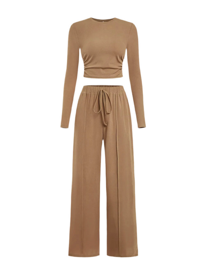 Women's Set Round Neck Long Sleeve Top and Tied Pants Set