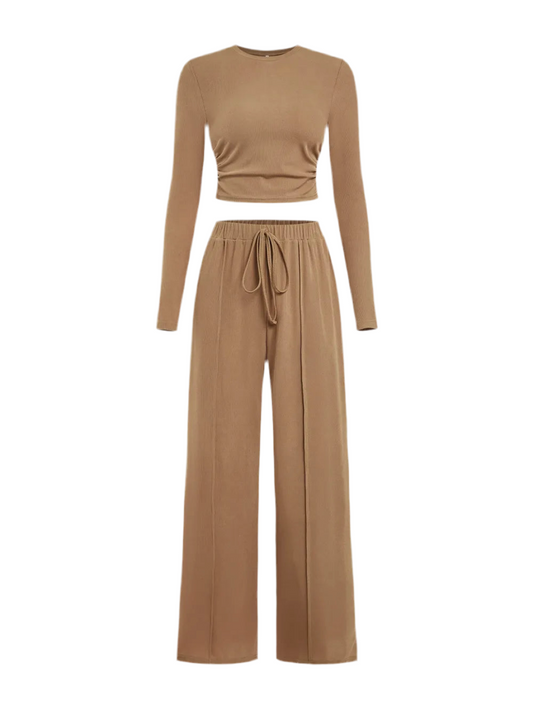 Women's Set Round Neck Long Sleeve Top and Tied Pants Set