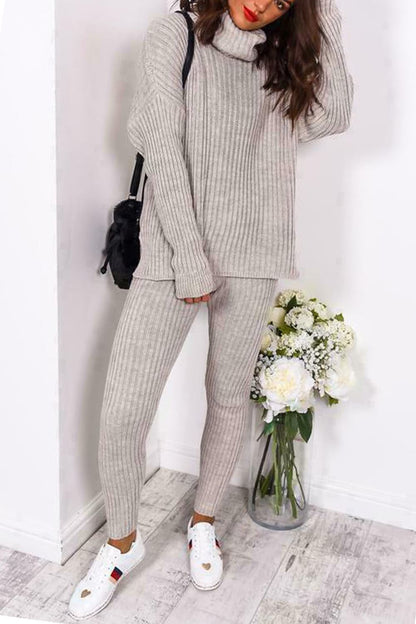 Ladies Chunky Knitted Loungewear Set with Ribbed Polo High Neck Top and Leggings