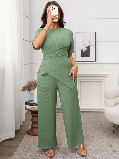 Women's Set Plus Size Asymmetrical Round Neck Short Sleeve Top and Pants Set