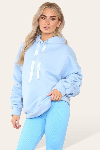 Plus Size Hoodie and Legging Set with Ruched Sleeves and Satin Ribbon, High Waist High Rise Seamless Ribbed Design