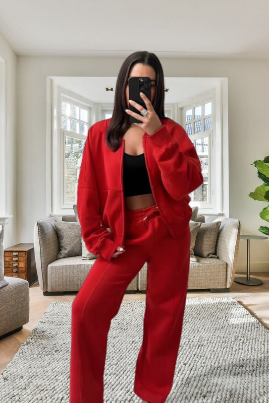Oversized Fleece Tracksuit with Bomber Style Zipper and Wide Leg Design